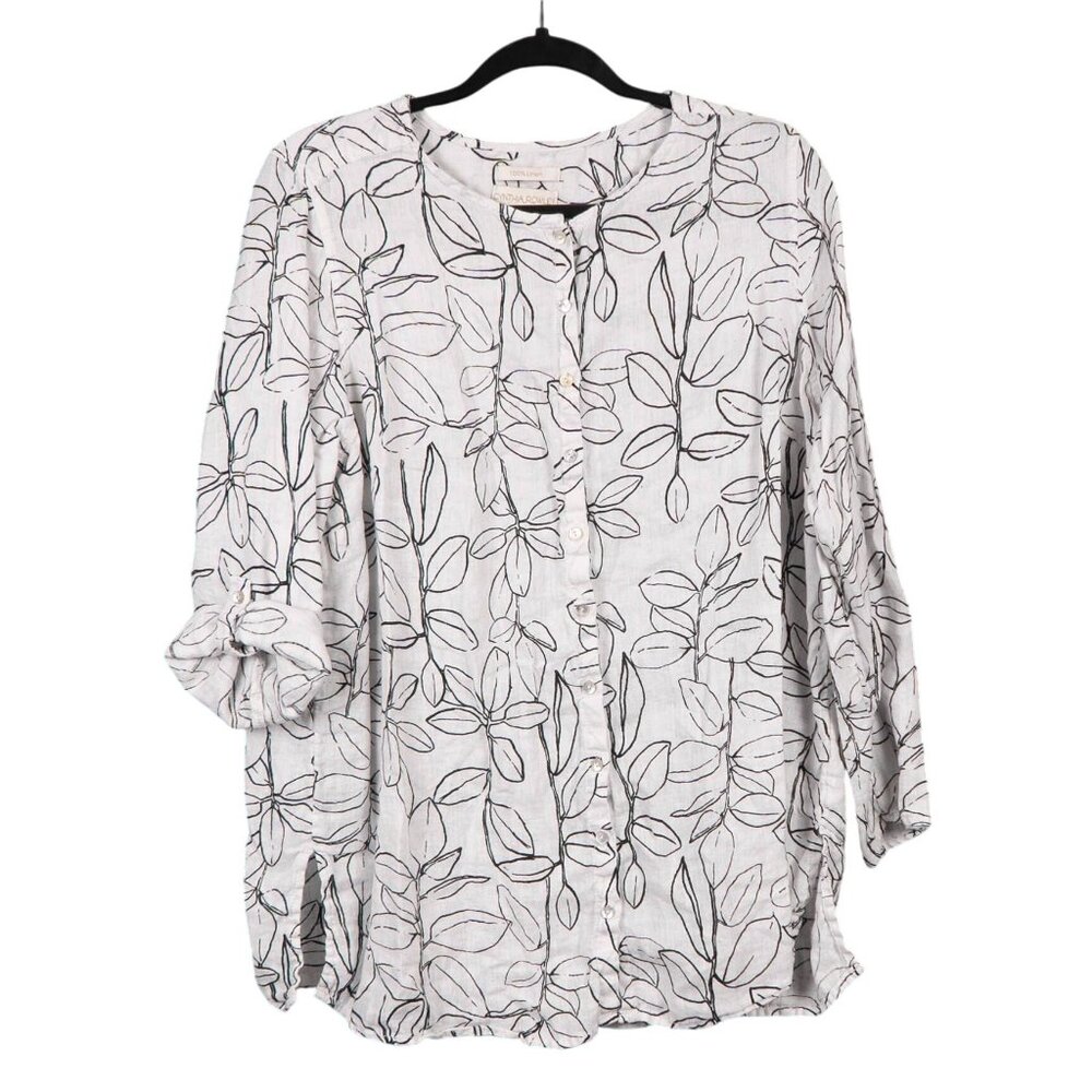 Cynthia Rowley Linen Blouse 1X Leaf Button Up Shirt Roll Tab Sleeve White Black